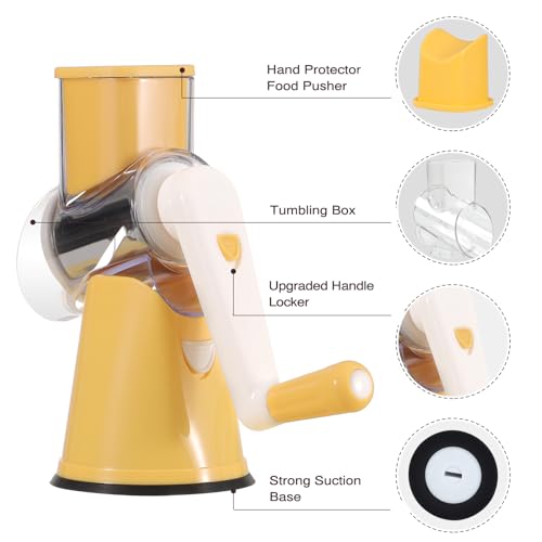 Rotary Cheese Grater Hand Crank Cheese Shredder for Fresh Cheese (3 BLADES / Yellow)