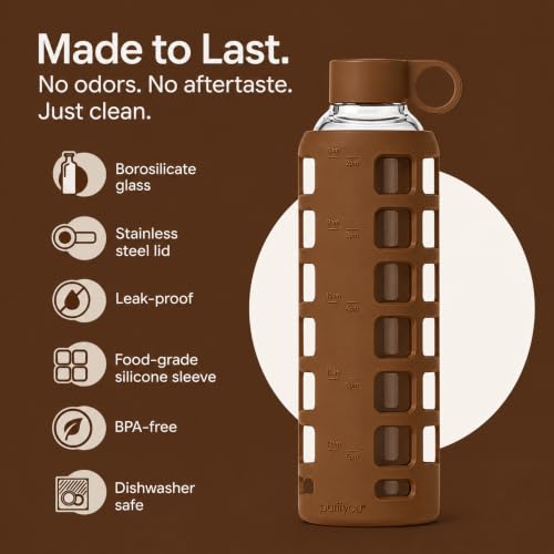 40oz / 32oz / 22oz / 12oz Borosilicate Glass Water Bottle with Time & Volume Markers, Silicone Sleeve, Stainless Steel Lid – Reusable Glass Bottle for Water & Juice (32oz Earth Brown) (Earth Brown / 32 Ounces)