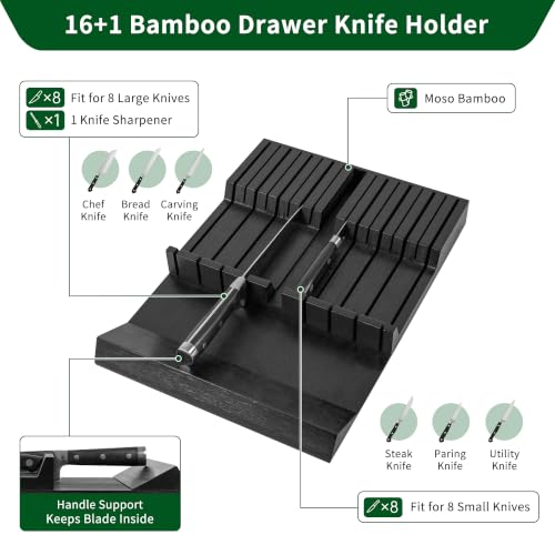 Bamboo In Drawer Knife Block Organizer (Black / 16 Holder)