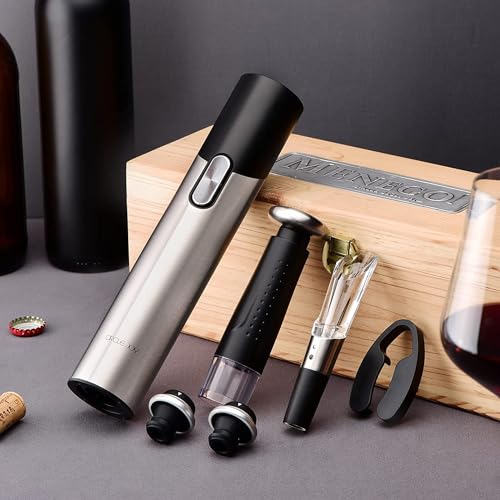Electric Wine Opener Set Automatic Wine Opener Kit for Wine and Beer Cordless Electric Wine Bottle Openers Gift Set with Foil Cutter (Silver & Black / Prestige Set)