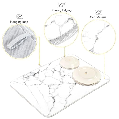 White Grey Marble Dish Drying Mat for Kitchen Counter Absorbent Microfiber Drying Pad (18" x 18")