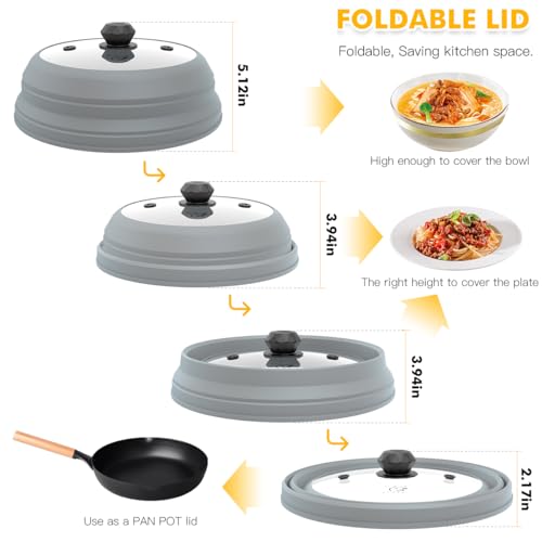 Microwave Splatter Cover Vented Glass Cover Splatter Guard Lid with Collapsible Silicone for Food as Pot Cover Plate Cover 10.8 inch for 6 7 8 9 10 inch Plate Bowl Light Grey (10.8 inch / Light Grey Lid)