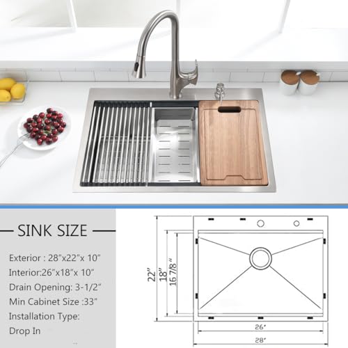 28 Inch Drop In Kitchen Sink (28"L x 22"W x 10"D / Stainless Steel -TS( 28*22))