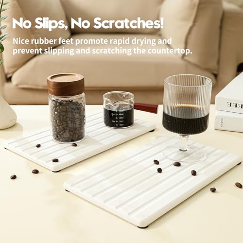 2PCS Water Absorbing Stone Drying Tray Mat for Bathroom Sink & Kitchen Counter Organizer (2 Pack - Natural White / 10"x 6")