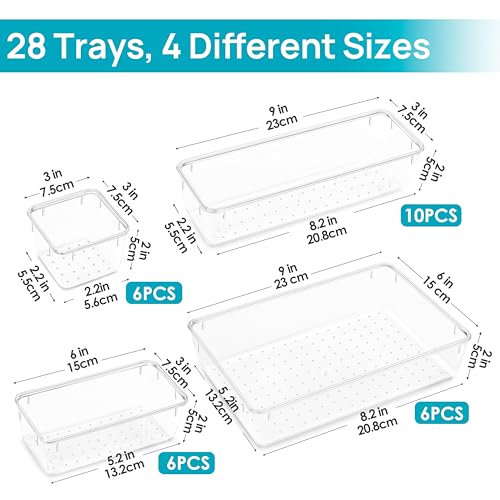 28 Pack Clear Drawer Organizer Bins (Clear)