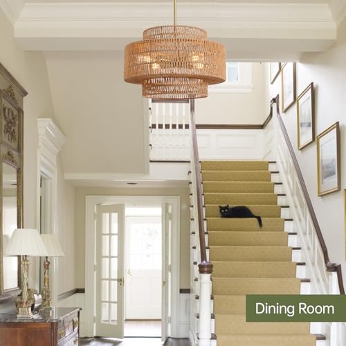 17.7" Rattan Chandelier for Dining Room (Brown / 17.7" 4-Light)
