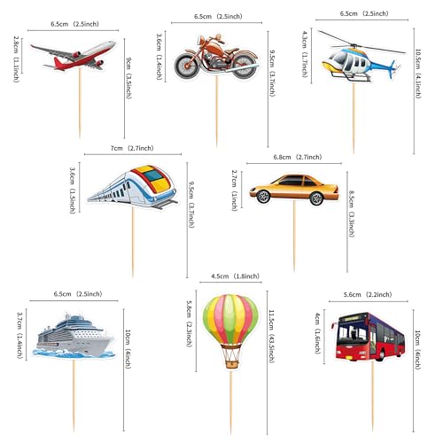 24Pcs Printed Transportation Cupcake Toppers Train Hot Air Balloon Motorcycle Bus Boat Airplane Cupcake Picks for Transportation Theme Baby Shower Boys Girls Birthday Party Decorations (White)