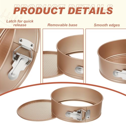 4 Pcs 8 Inch Non Stick Springform Pan with Removable Bottom Carbon Steel Round Springform Cheesecake Pan with Stainless Steel Spring Buckles for Baking Kitchens Restaurant (Champagne Gold / 8 Inch)