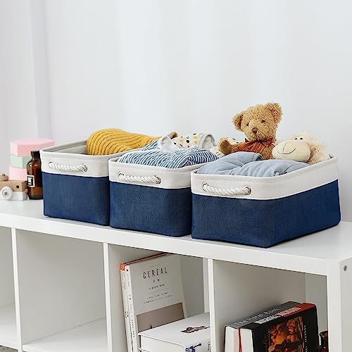 Storage Basket for Organizing (White & Blue / 3PCS/Medium -13.8Lx9.8Wx6.7H)