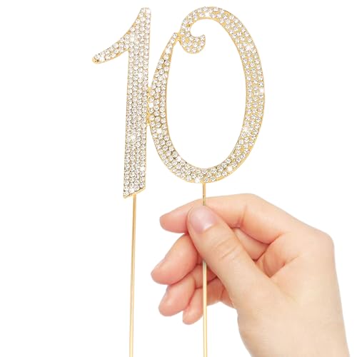 Gold 10th Birthday Cake Topper Rhinestones Cake Decorations for 10th Birthday Party (10th- Gold)