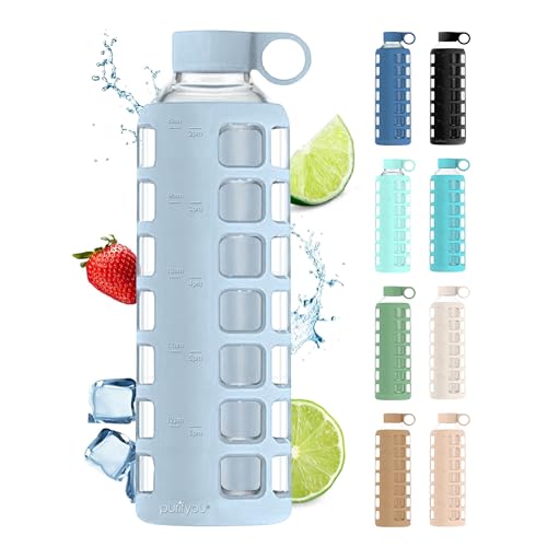 40oz / 32oz / 22oz / 12oz Borosilicate Glass Water Bottle with Time & Volume Markers, Silicone Sleeve, Stainless Steel Lid | Reusable Glass Bottle for Water & Juice (32oz Ice Blue) (Ice Blue (1 Count) / 32 Ounces)