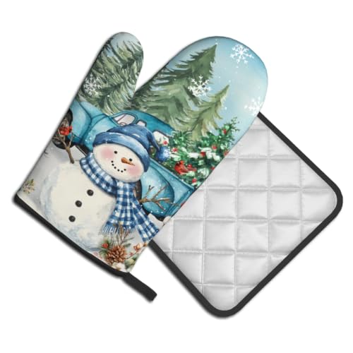 Winter Snowman Blue Oven Mitts and Pot Holder Set of 2 Xmas Truck Decorative Heat Resistant Kitchen Gloves Hot Pad for Baking Cooking Gift (Blue Snowman Truck)