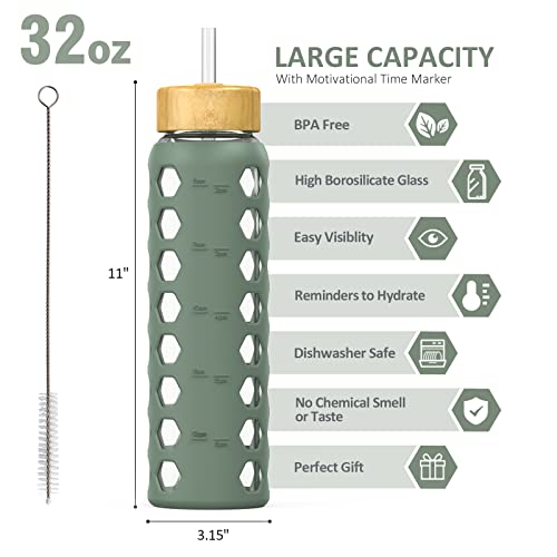 Glass Water Bottle (Olive / 32 Ounces)