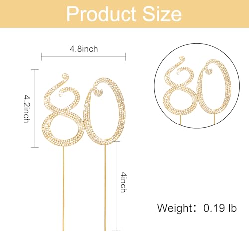 Gold 80th Birthday Cake Topper Rhinestones Cake Decorations for 80th Birthday Party (80th- Gold)