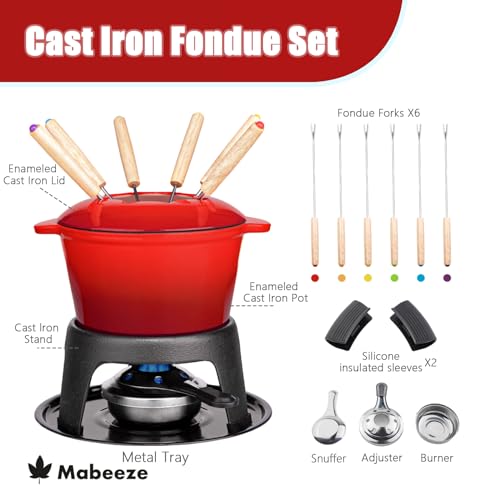 Cast Iron Fondue Pot Set Red Enameled 1.6 Qt for Cheese