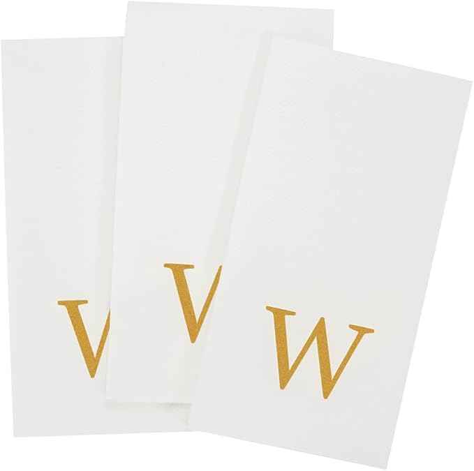 Luxenap 15.8 X 7.9 Inch Linen-Feel Guest Towels, 50 Lettered Hand Towels - Gold Letter 'W', Sans Serif Font, White Paper Dinner Napkins, airlaid, For Restrooms And Tables