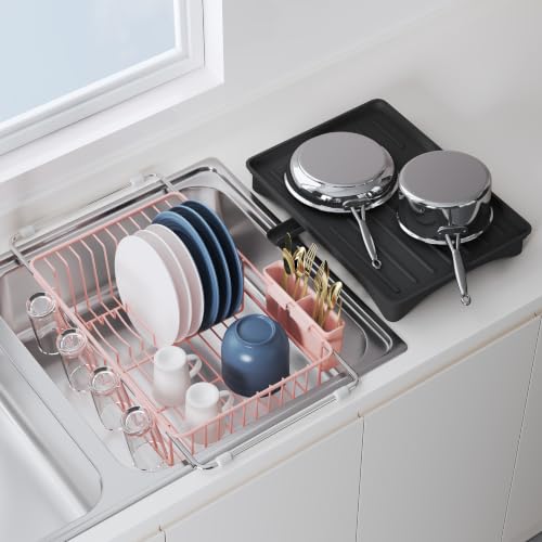 Pink Dish Drying Rack in Sink with Drainboard and Utensil Holder (Pink / For 12"-30"w Sink, with Drainboard)