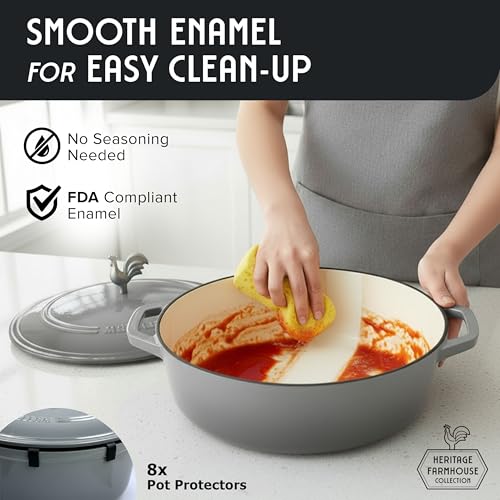 MUELLER HOME 5.5 Quart Enameled Cast Iron Oval Dutch Oven with Rooster Knob & Cotton Potholders (5.5 Quart -Oval / Gray)
