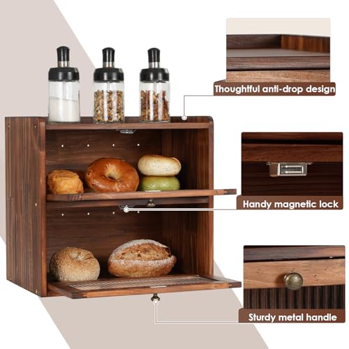 Bread Box for Kitchen Countertop Wooden Bread Storage Container Bin 2 Layer Breadbox Holder Large Capacity Keeper Vintage Farmhouse Food Organizer Pantry Shelf Acrylic Window（Black） (Black)