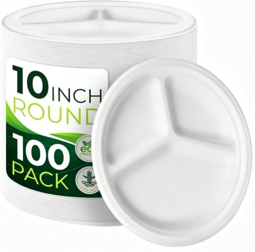 100PCS 100% Compostable 10in Paper Plates (White / 10in Sectional(100count))