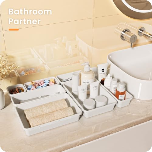 Military Grade】 Drawer Organizer for Vanity Bathroom Makeup Desk (White)