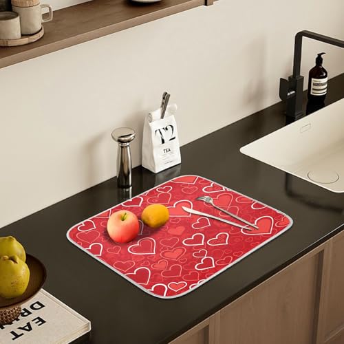 Red Hearts Cute Dish Drying Mat for Kitchen Counter Absorbent Microfiber Small Drying Pad Dish Mats for Kitchen Countertops 16 x 18 Inch (18" x 16")