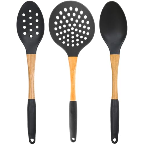 3pc Grey Nylon Cooking Spoons Kitchen Utensils Set with Wooden Handle High Heat Resistance (Gray / 3 Piece Set)