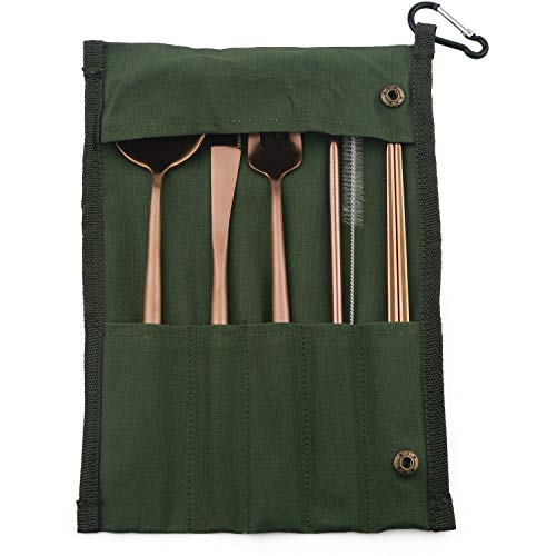 Portable 6 Pieces Flatware Set (Green Pouch / Rose Gold)