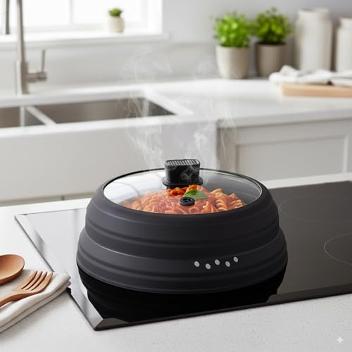 Microwave Splatter Cover Glass Microwave Cover for Food Collapsible Splatter Guard Lid with Silicone Handle for Pot Plate Bowl 11.8 Inch Black (Black / 11.8Inch)