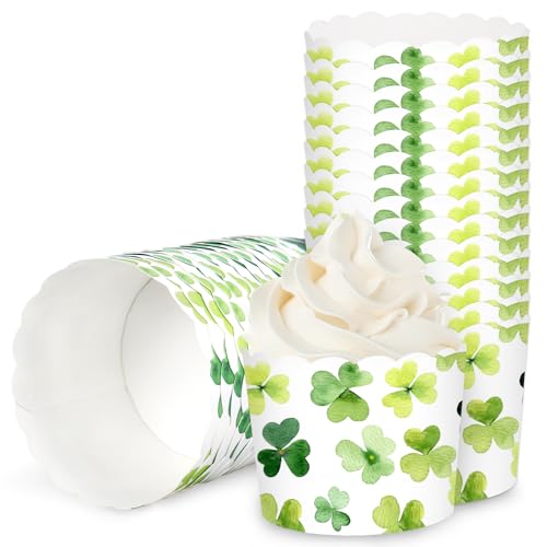 100Pcs St. Patrick's Day Paper Baking Cups Cupcake Wrappers Watercolor Green Shamrock Clover Scalloped Edge Cupcake Muffin Cases for Irish Dessert Decoration (Watercolor Clover)
