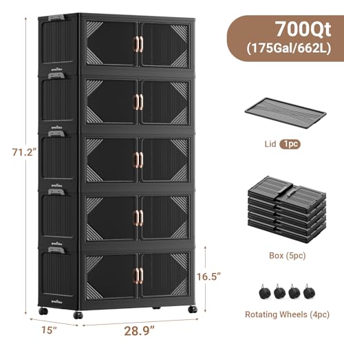 V60 700QT Plastic Stackable Storage Bins with Lid (Black / 140QT-5Pack)