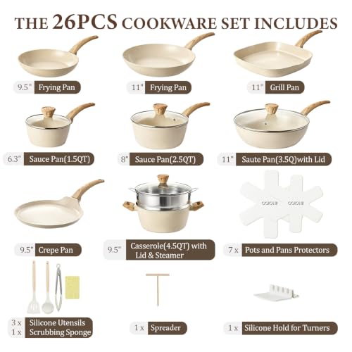 26Pcs Pots and Pans Nonstick Ceramic Cookware Set Non Toxic Kitchen Cooking Set with Steamer Utensils Induction Compatible (Beige)