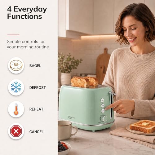 2 Slice Stainless Steel Toaster Retro with 6 Bread Shade Settings (2 Slice / Green)