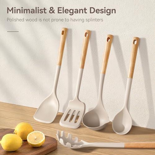6 Pcs Silicone Kitchen Utensils Set Wood Handle BPA (Khaki-A / 6 Piece)