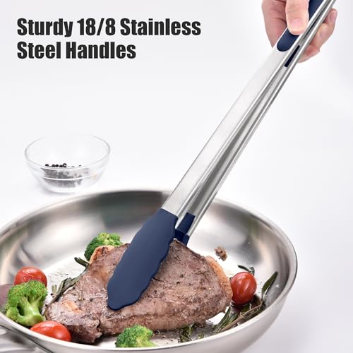 Kitchen Tongs with Silicone Tips for Cooking Serving (16in / Navy Blue)