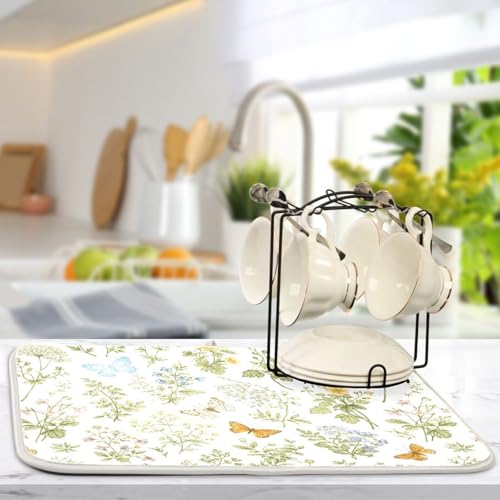 Herbs Flowers Botanical Butterfly Dish Drying Mat for Kitchen Counter Absorbent Microfiber Drying Pad (18" x 24")