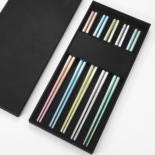Pure Titanium Chopsticks 5 Pairs Metal Chopsticks Reusable (5 Pairs of Colorful Tiatium Chopsticks)