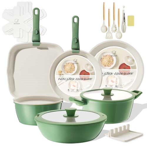 23pcs Ceramic Pots and Pans Set (Green 23 Pcs)