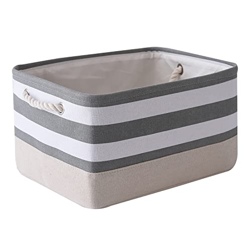 Storage Basket Fabric Basket with Handles Dog Toy Basket Cloth Storage Bin Shelf Basket Decorative Storage Basket Shoe Basket Gift Basket (Grey&White Stripes / Large - 15.7Lx11.8Wx8.3H)