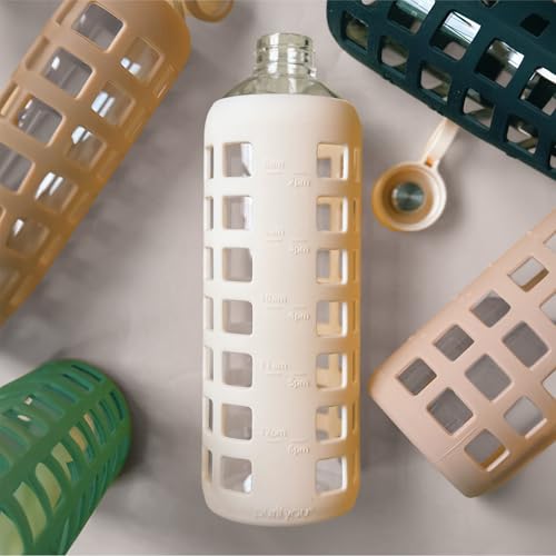 40oz / 32oz / 22oz / 12oz Borosilicate Glass Water Bottle with Time & Volume Markers, Silicone Sleeve, Stainless Steel Lid | Reusable Glass Bottle for Water & Juice (32oz Pearled Ivory) (Pearled Ivory (1 Count) / 32 Ounces)