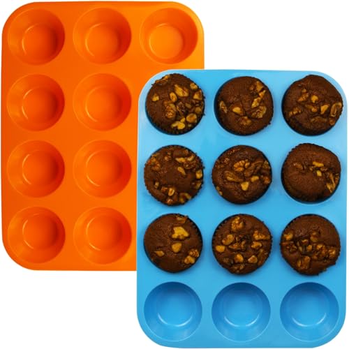 12 Cups Silicone Mini Muffin Pan Set (Set of 2--12 Cups (Blue+Orange))