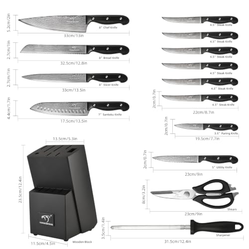15 Piece Damascus Kitchen Knife Set with Compact Block (Black/Black / 15 Pieces)