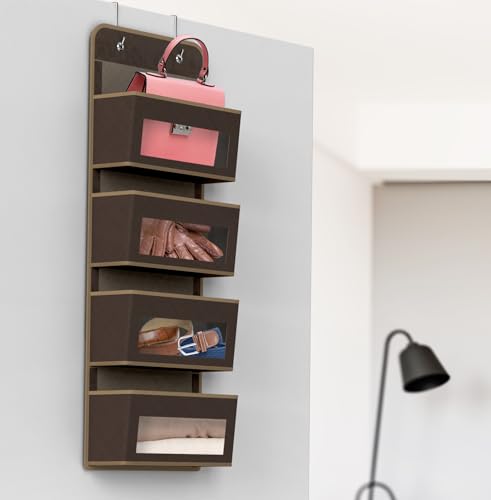 4 Clear Window Pocket Over Door Hanging Organizer (4 Pockets / Brown)
