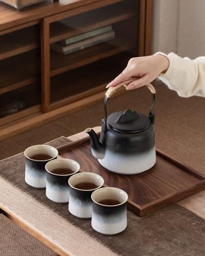 Japanese Tea Set with 4 Cups (Black/White / 33.8oz Teapot&4 of 8oz Cups)