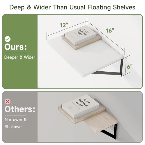 16W x 12D Deep Floating Shelves Set of 4 White (White With Black Metal Bracket / 16Wx12Dx5.8H)