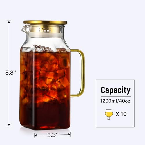40 oz 1.2Liter Square Glass Pitcher with Lid and Spout (Gold / 40.6 Ounces)