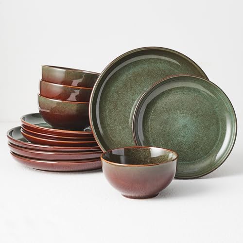 Stoneware Dinnerware Sets for 4 (Brown Green / Set (12pcs))