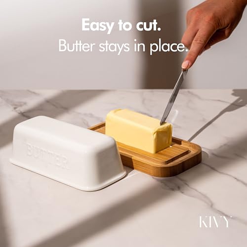 Ceramic butter dish with airtight lid that keeps butter soft (Ceramic - Bamboo)