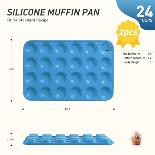 2 Pack 24 Cups Silicone Mini Muffin Pan with Metal Reinforced Frame Silicone Molds Cupcake Pans Tray Egg Bites Circle Cookie Molds Muffin Tin Tart Pans Baking Sheet Set for Breakfast Sandwiches (2pc: 24-Cup Mini / Morandi Blue)