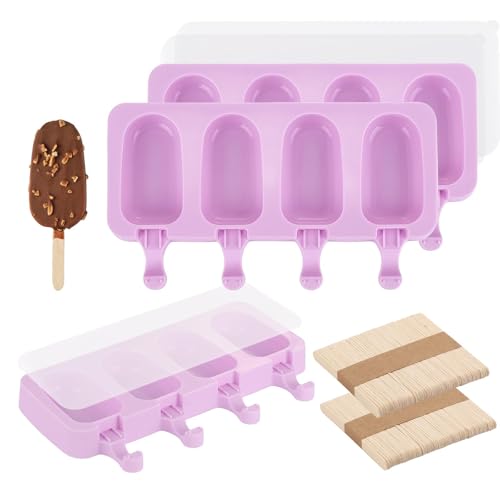 3 Set Violet Samll Popsicles Molds with Lids and 100 Pieces Wooden Popsicles Sticks (Violet / Small Size)